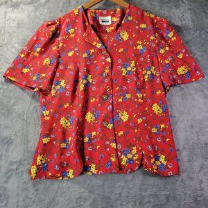 Leslie Fay Womens Button Up Blouse M Red Floral Print Vintage 90s Cottagecore